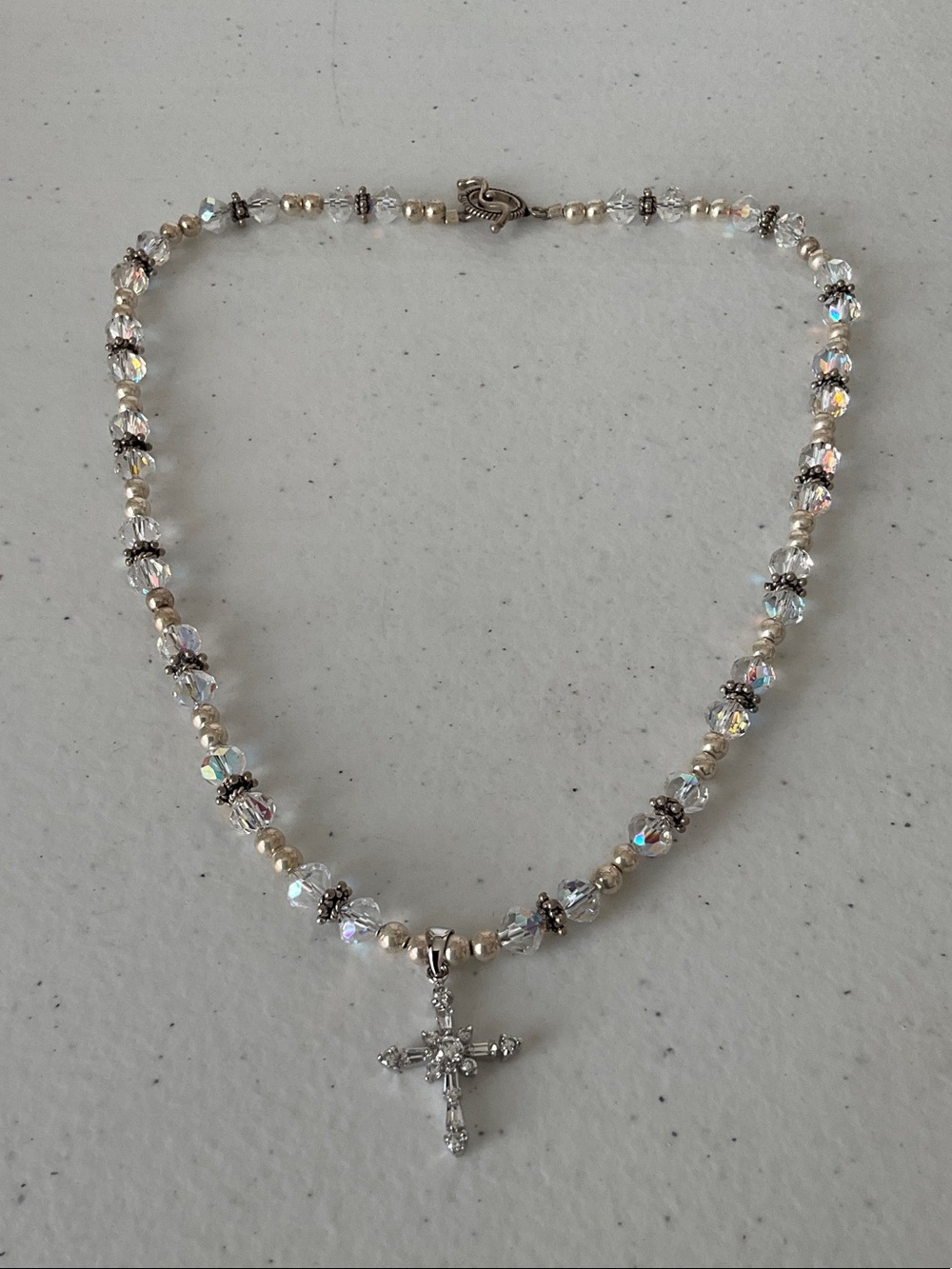 Silver Tone Iridescent Crystal Cross Choker Necklace